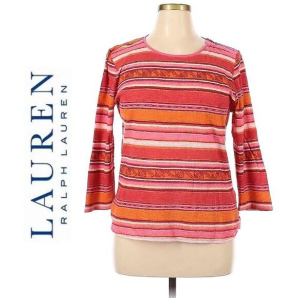 LAUREN by RALPH LAUREN, Pink and orange striped pullover sweater, size: XL - Picture 3 of 12